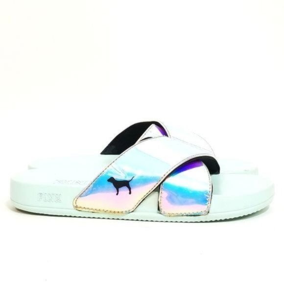 PINK Victorias Secret Iridescent Slides Criss Cross Sandals Size 7 M - Picture 2 of 9